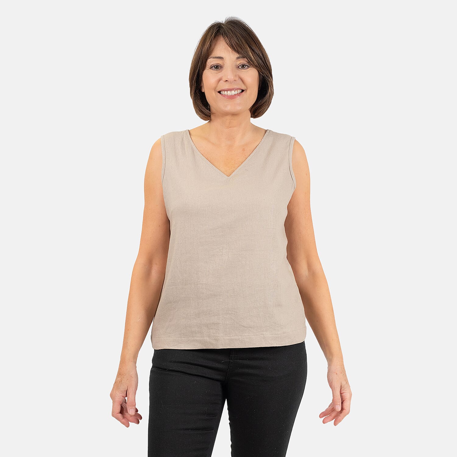 Ladies Sleeveless V-Neck Linen Top (Size 12) - Black