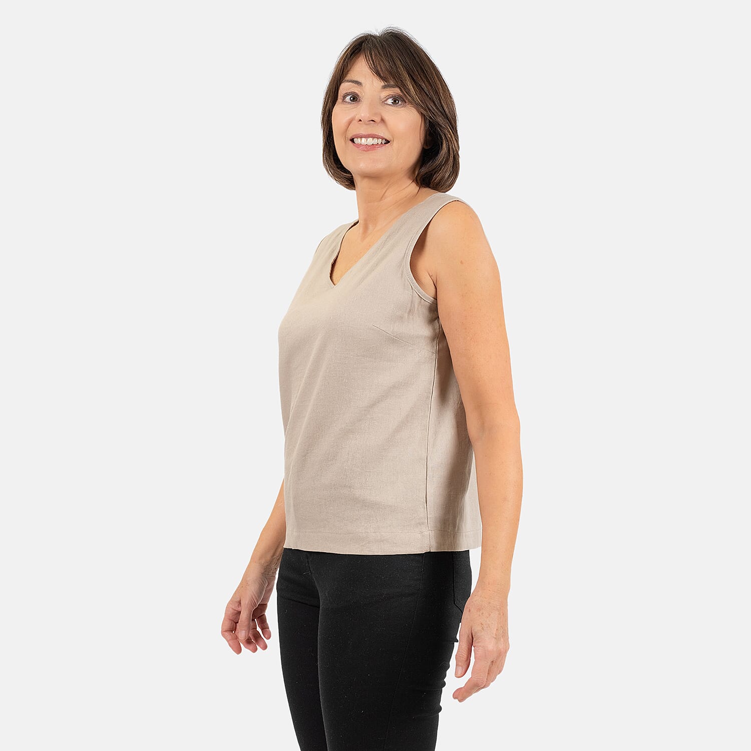 Ladies Sleeveless V-Neck Linen Top (Size 12) - Black