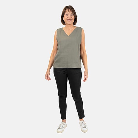 Ladies Sleeveless V-Neck Linen Top (Size 10) - Khaki