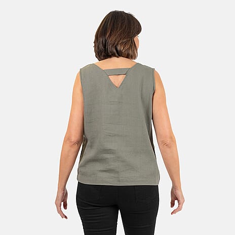 Ladies Sleeveless V-Neck Linen Top (Size 10) - Khaki