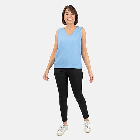 Ladies Sleeveless V-Neck Linen Top (Size 10) - Pale Blue