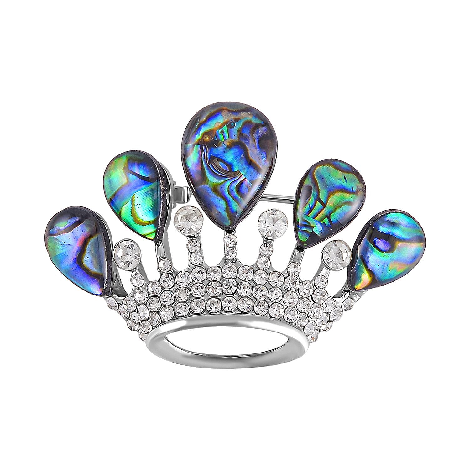 Abalone Shell & White Austrian Crystal Crown Brooch in Yellow Gold Tone