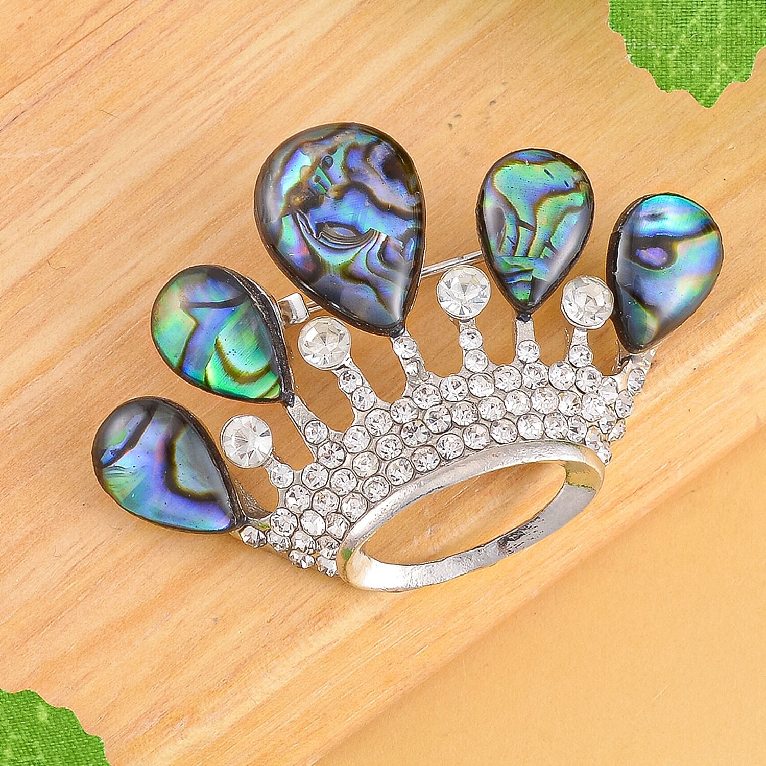 Abalone Shell & White Austrian Crystal Crown Brooch in Yellow Gold Tone