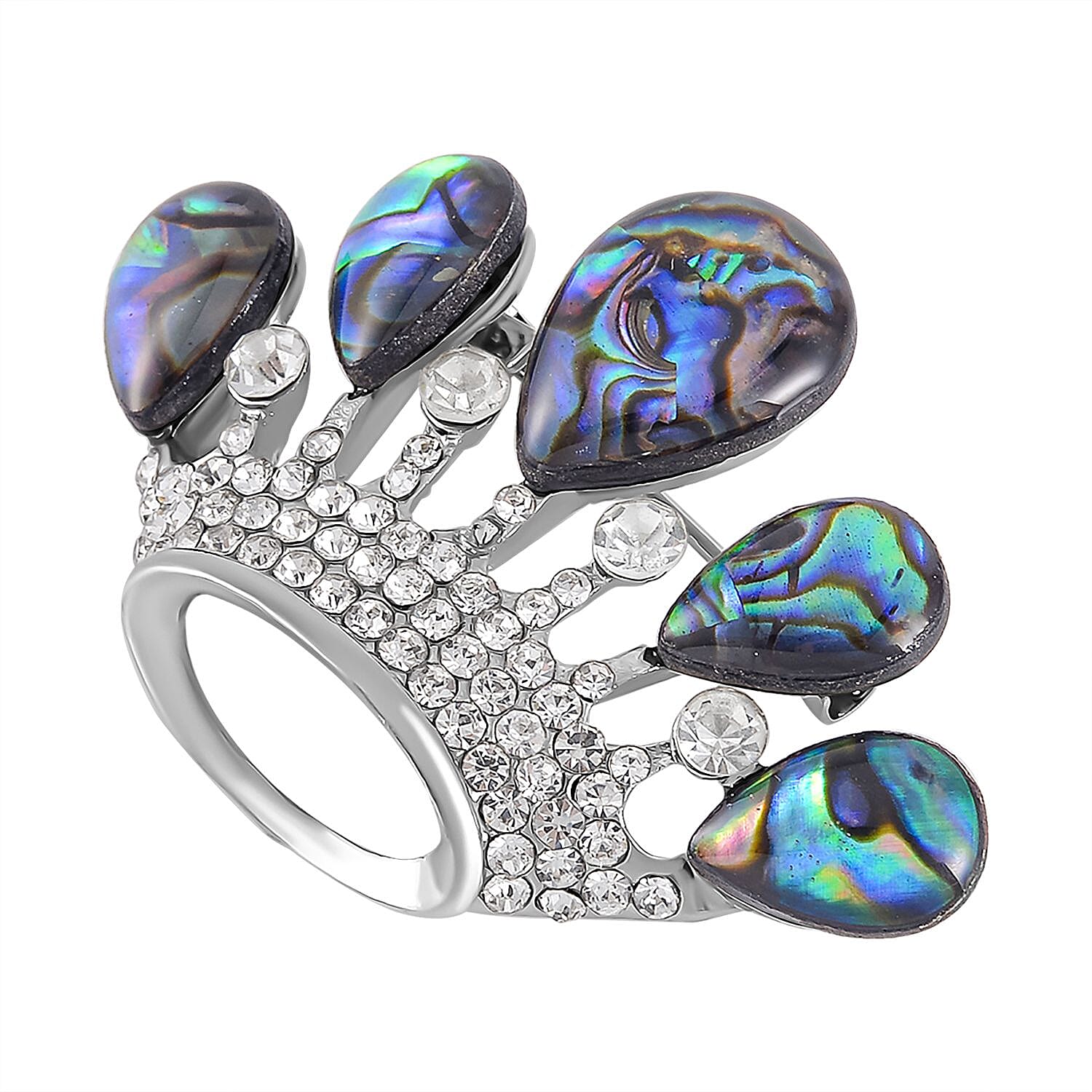 Abalone Shell & White Austrian Crystal Crown Brooch in Yellow Gold Tone