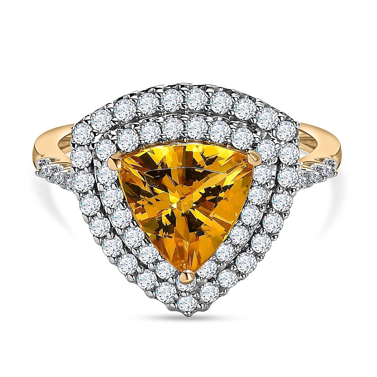 9K Yellow Gold Golden Beryl and Moissanite Halo Ring 2.03 Ct