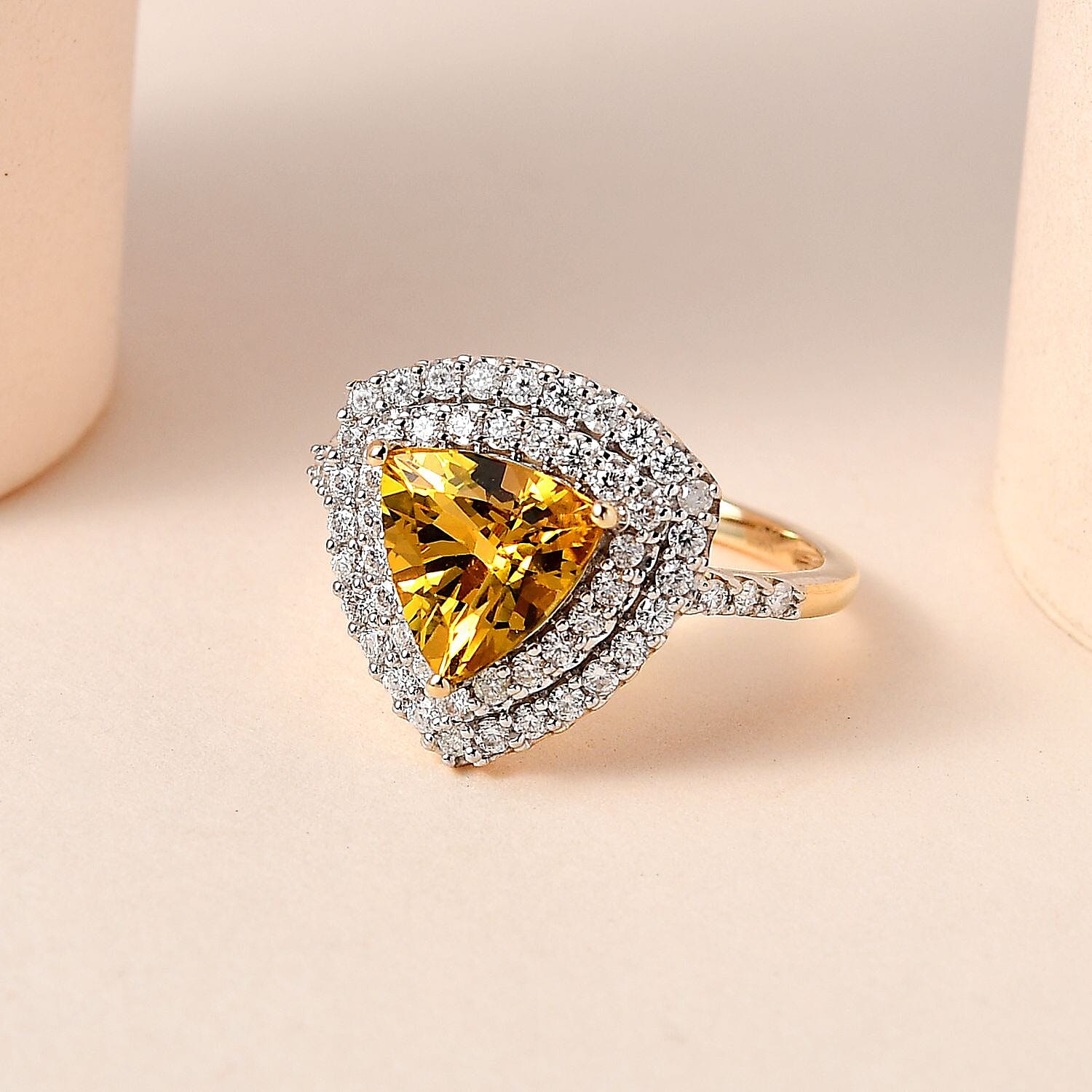 9K Yellow Gold Golden Beryl and Moissanite Halo Ring 2.03 Ct
