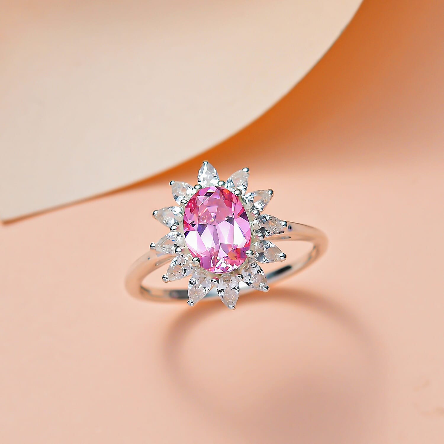 NY Close Out - Pink & White Cubic Zirconia Halo Ring in Sterling Silver