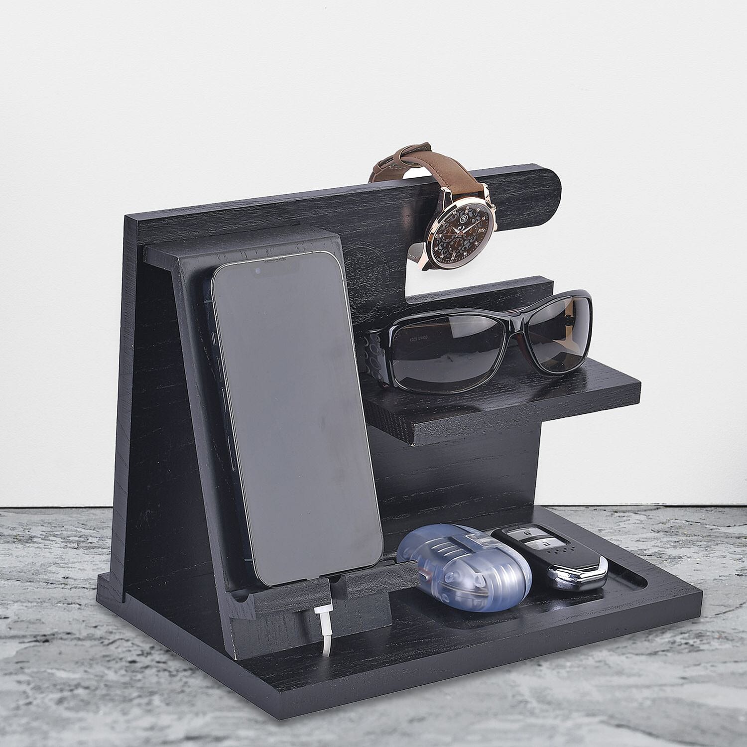 Wooden Phone Docking Station & Desk Organizer (25x15x19 cm) - Black