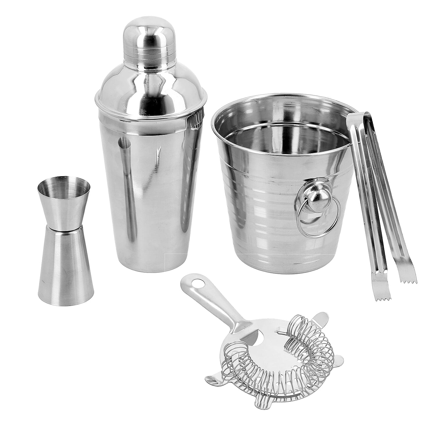 5-Piece Stainless Steel Cocktail Set (Shaker, Ice Tong, Ice Bucket, Peg Maker and Bar Strainer) - Silver