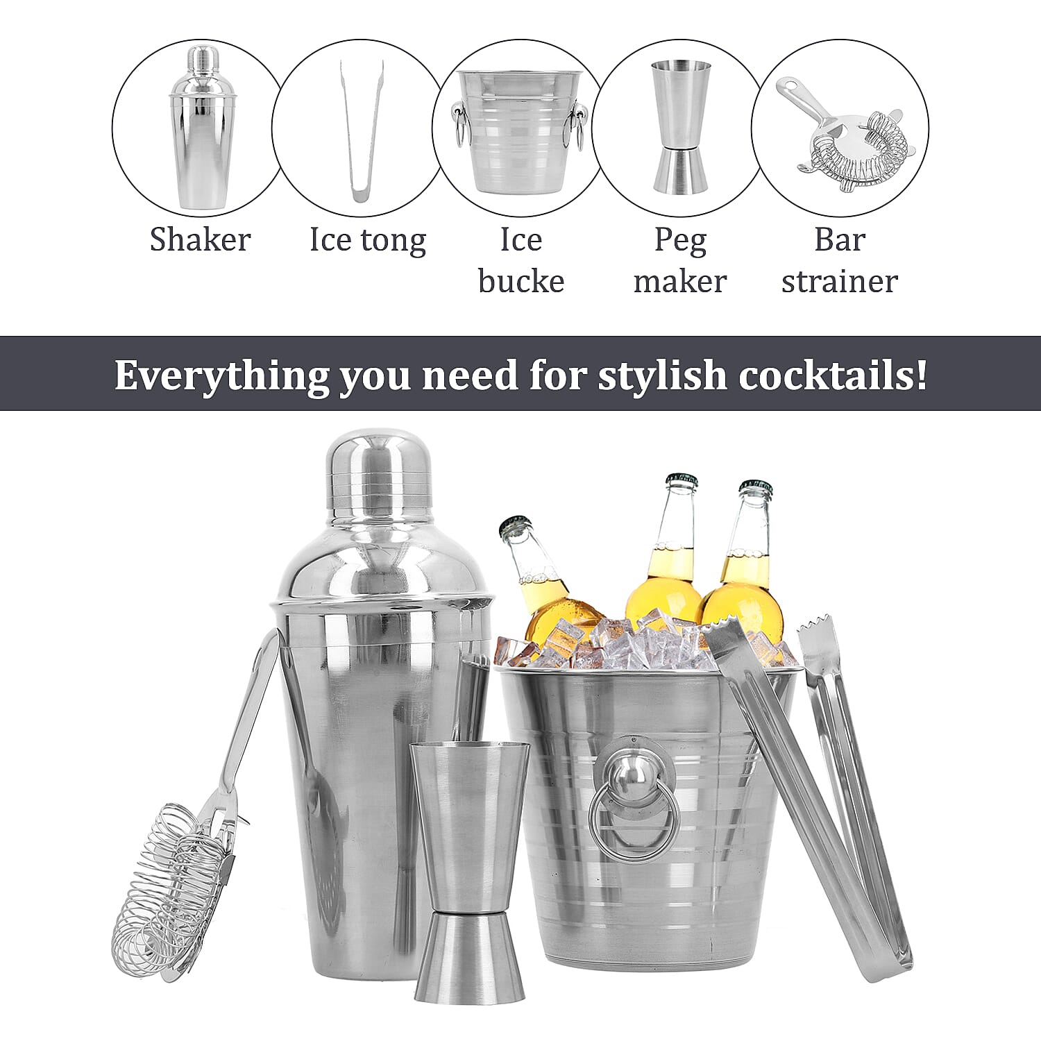 5-Piece Stainless Steel Cocktail Set (Shaker, Ice Tong, Ice Bucket, Peg Maker and Bar Strainer) - Silver