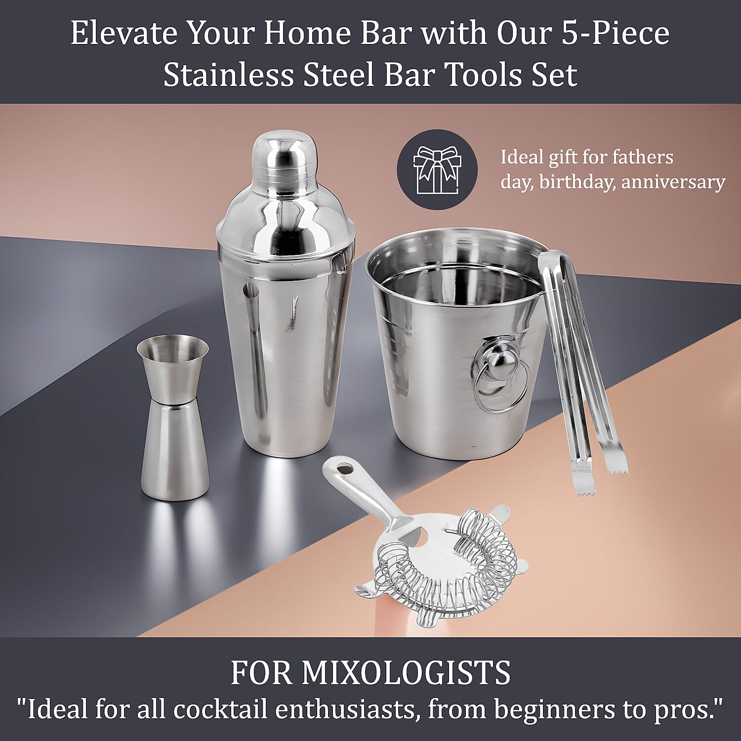 5-Piece Stainless Steel Cocktail Set (Shaker, Ice Tong, Ice Bucket, Peg Maker and Bar Strainer) - Silver