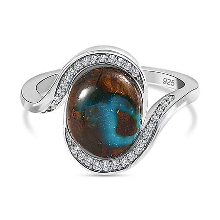 Sierra Nevada Turquoise and Natural Zircon Bypass Ring in Platinum Overlay Sterling Silver 3.80 Ct. Sierra Nevada Turquoise and Natural Zircon Bypass Ring in Platinum Overlay Sterling Silver 3.80 Ct.