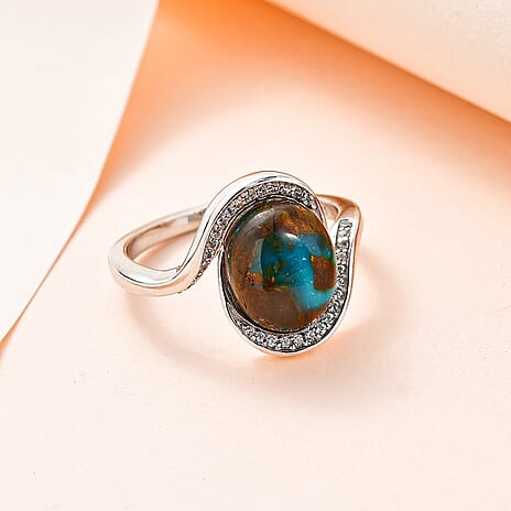 Sierra Nevada Turquoise and Natural Zircon Bypass Ring in Platinum Overlay Sterling Silver 3.80 Ct.
