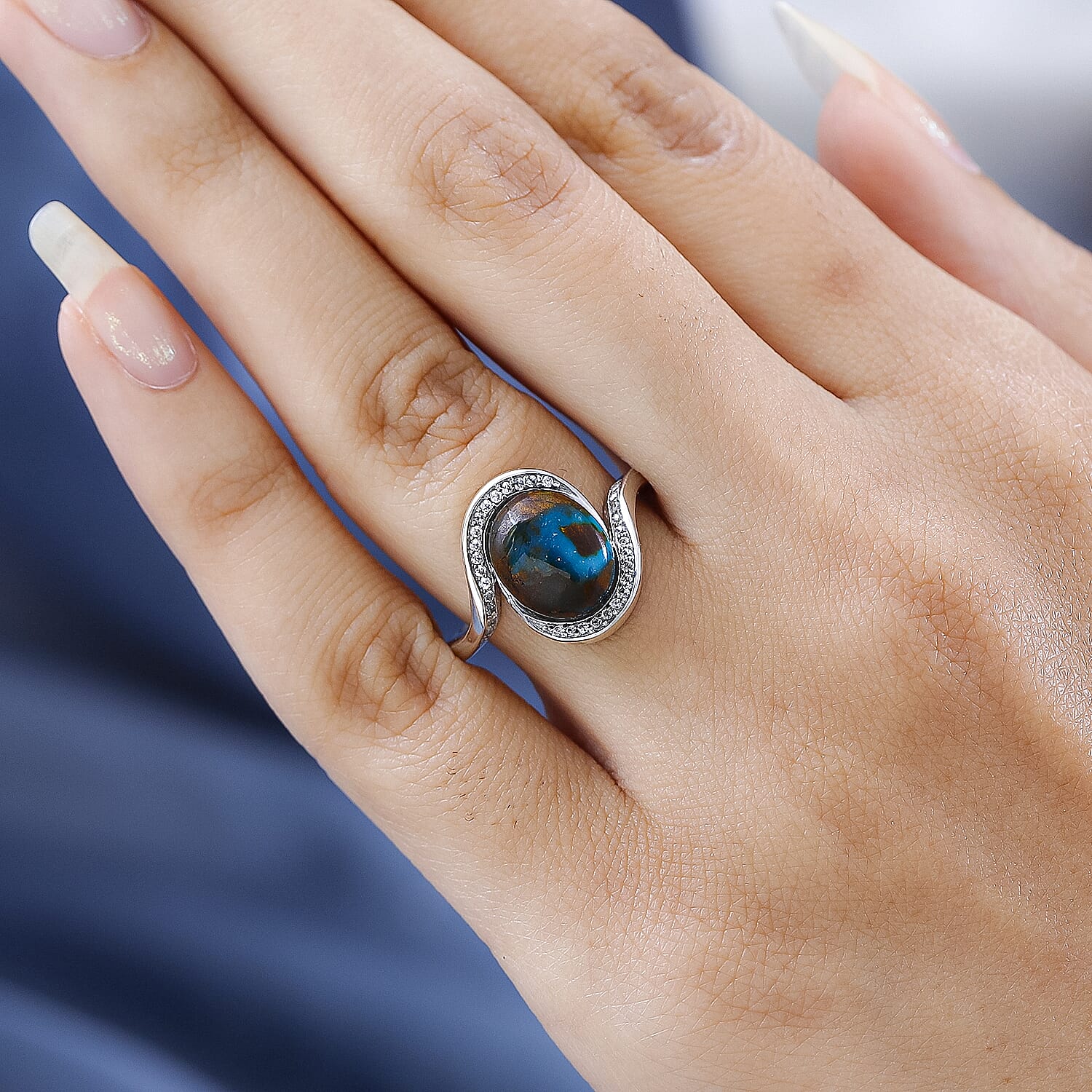 Sierra Nevada Turquoise and Natural Zircon Bypass Ring in Platinum Overlay Sterling Silver 3.80 Ct.