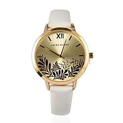 Laura Ashley Japanese Quartz Movement Womens Watch with Owain Diamond Rose Gold Dial and White Strap