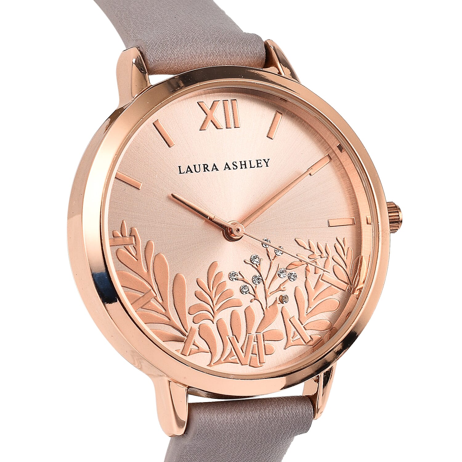 Laura Ashley Japanese Quartz Movement Womens Watch with Owain Diamond Rose Gold Dial and Purple Strap