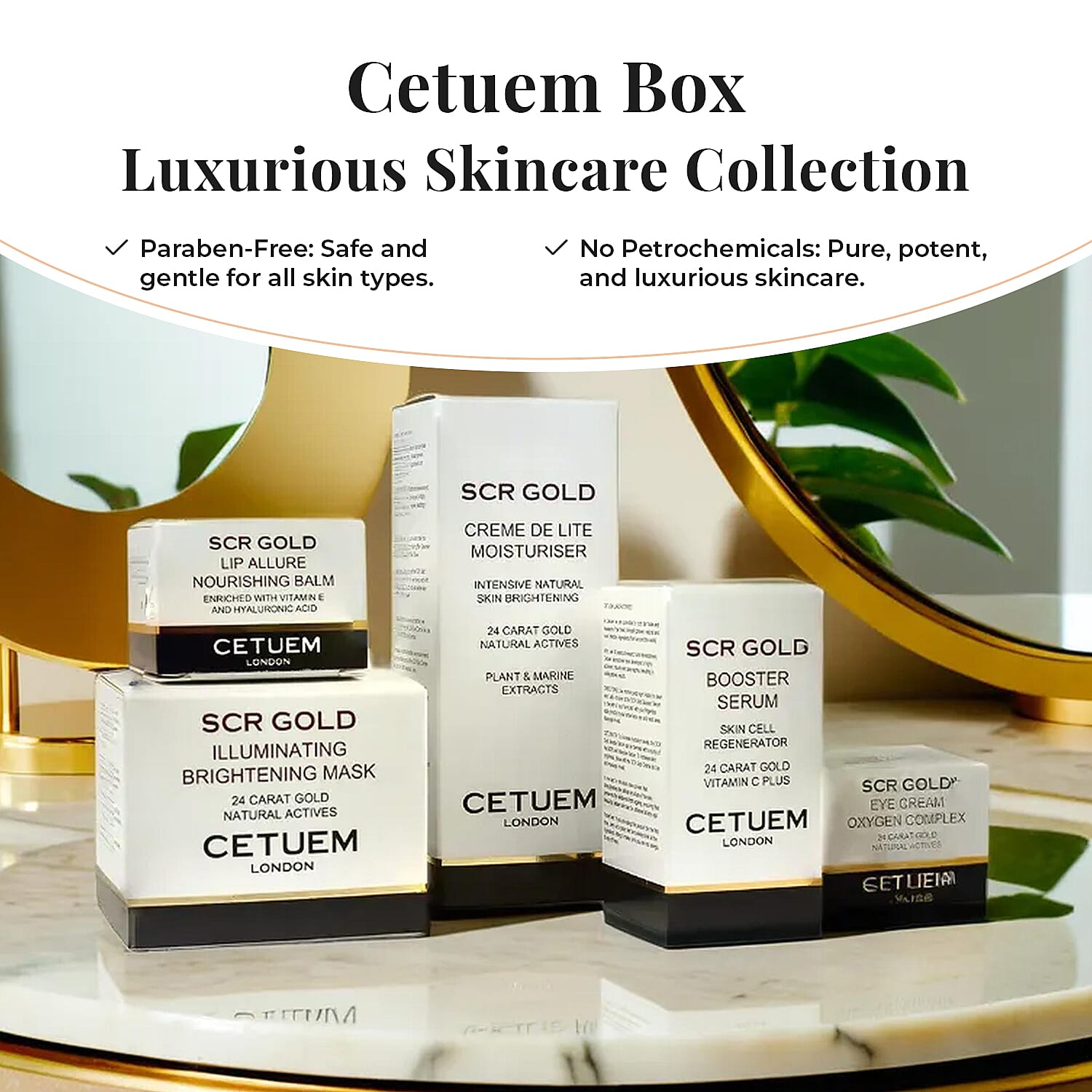 Cetuem Box- SCR Gold Booster Serum (15ml), SCR Gold Creme de Lite (50ml), SCR Gold Eye Cream (15ml), SCR Gold Illuminating Mask (50ml), SCR Gold Lip Allure (15ml)