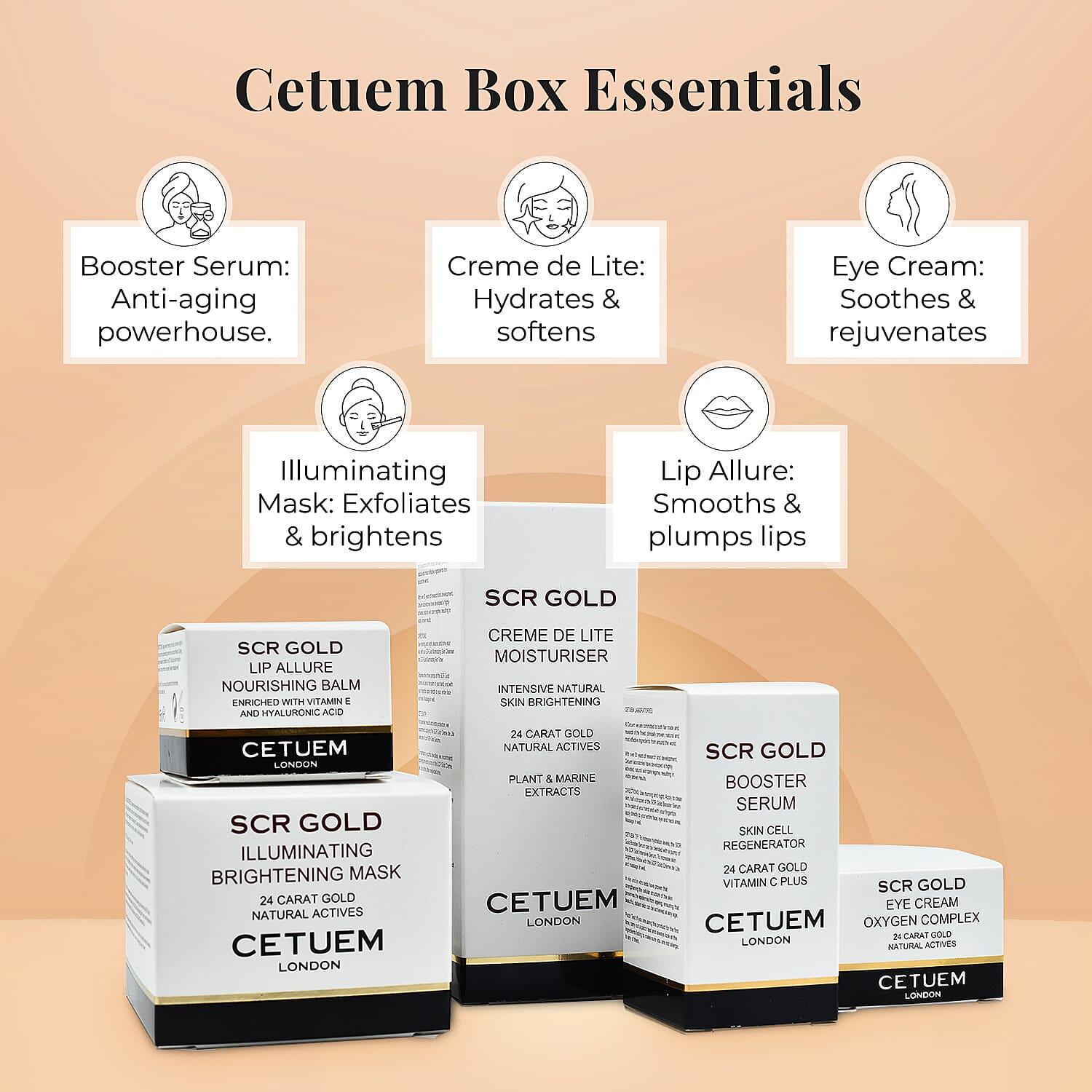 Cetuem Box- SCR Gold Booster Serum (15ml), SCR Gold Creme de Lite (50ml), SCR Gold Eye Cream (15ml), SCR Gold Illuminating Mask (50ml), SCR Gold Lip Allure (15ml)