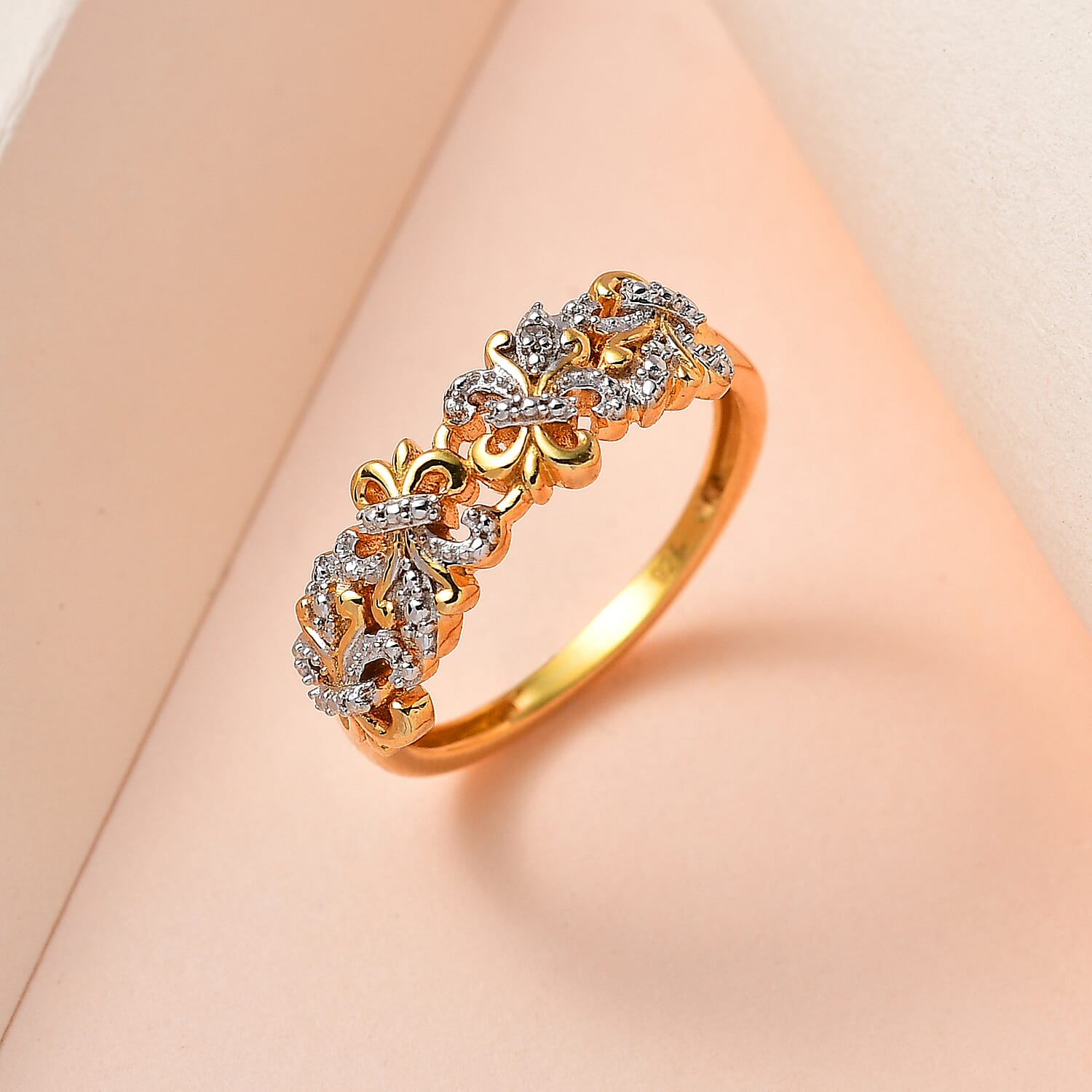 Natural White Diamond Fleur De Lis Ring in Platinum Overlay with 18K Vermeil Yellow Gold Plated Sterling Silver