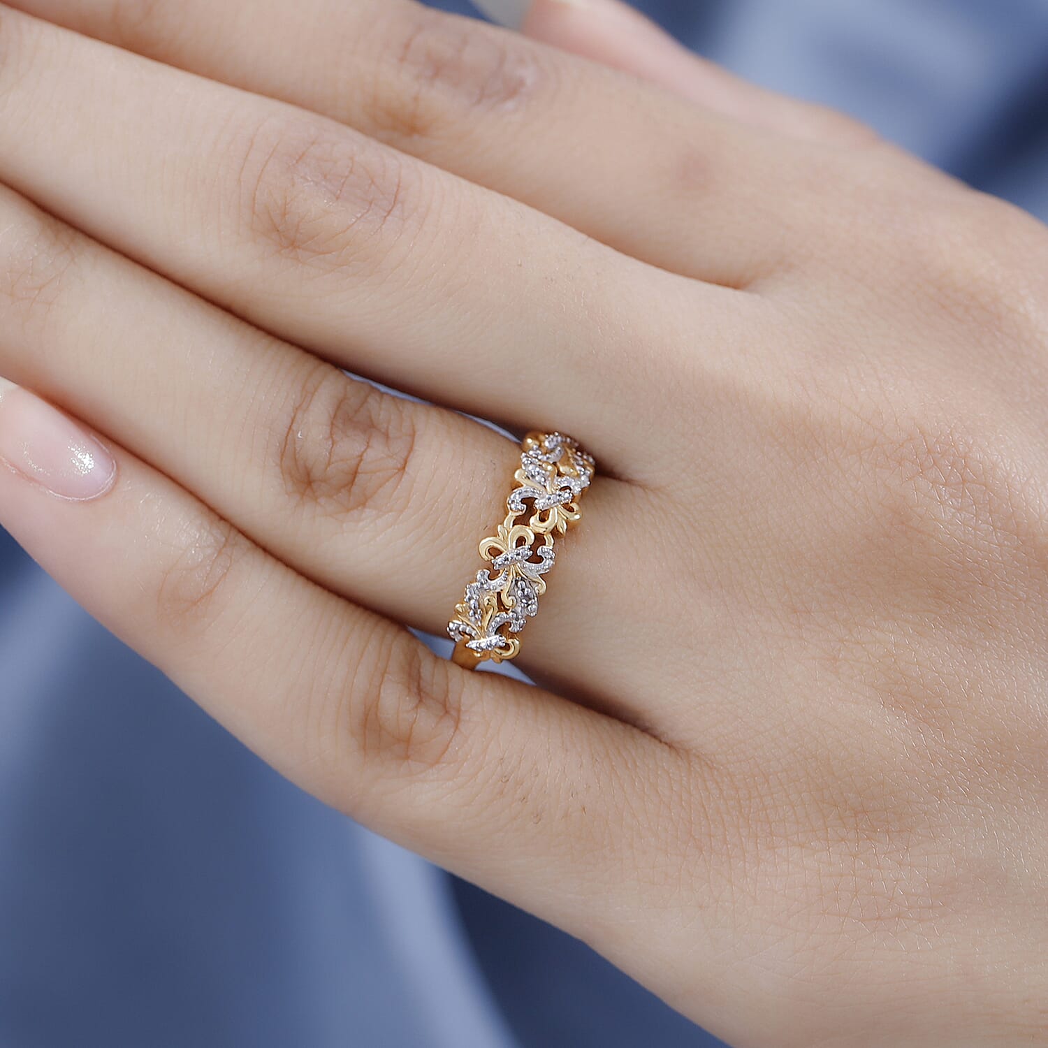 Natural White Diamond Fleur De Lis Ring in Platinum Overlay with 18K Vermeil Yellow Gold Plated Sterling Silver