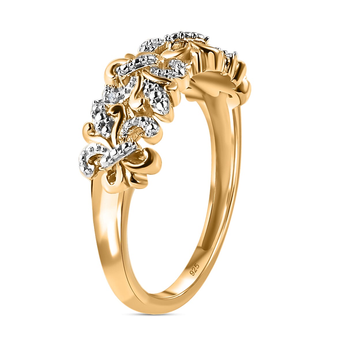 Natural White Diamond Fleur De Lis Ring in Platinum Overlay with 18K Vermeil Yellow Gold Plated Sterling Silver