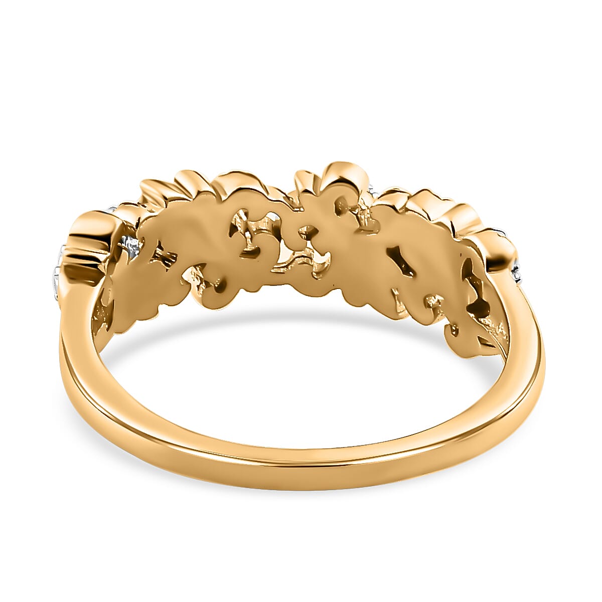 Natural White Diamond Fleur De Lis Ring in Platinum Overlay with 18K Vermeil Yellow Gold Plated Sterling Silver