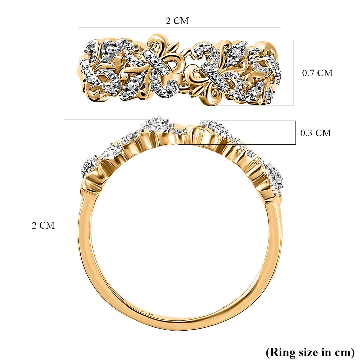 Natural White Diamond Fleur De Lis Ring in Platinum Overlay with 18K Vermeil Yellow Gold Plated Sterling Silver