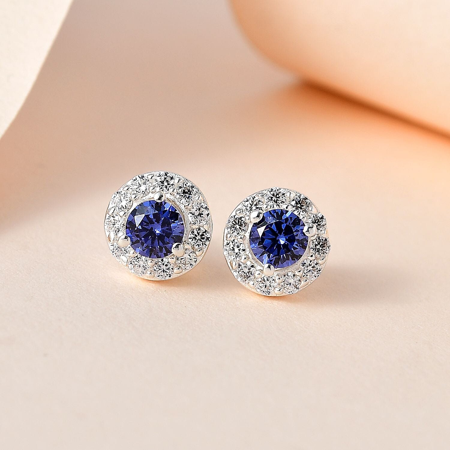 Tanzanite Cubic Zirconia & White Cubic Zirconia Stud Earrings Sterling Silver, 1.30 Ct.