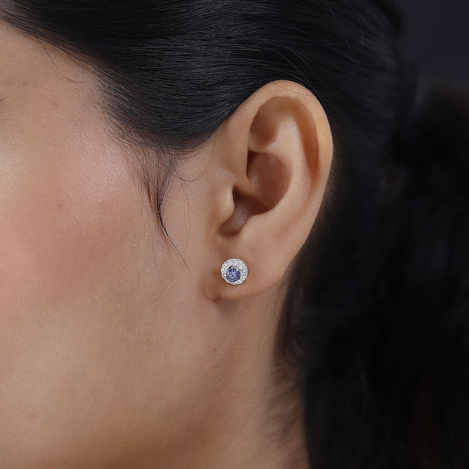 Tanzanite Cubic Zirconia & White Cubic Zirconia Stud Earrings Sterling Silver, 1.30 Ct.