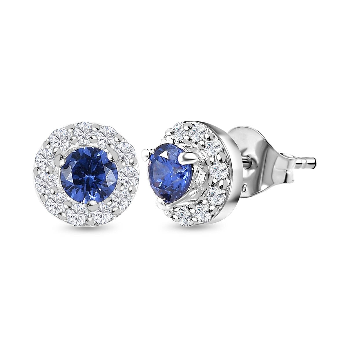 Tanzanite Cubic Zirconia & White Cubic Zirconia Stud Earrings Sterling Silver, 1.30 Ct.
