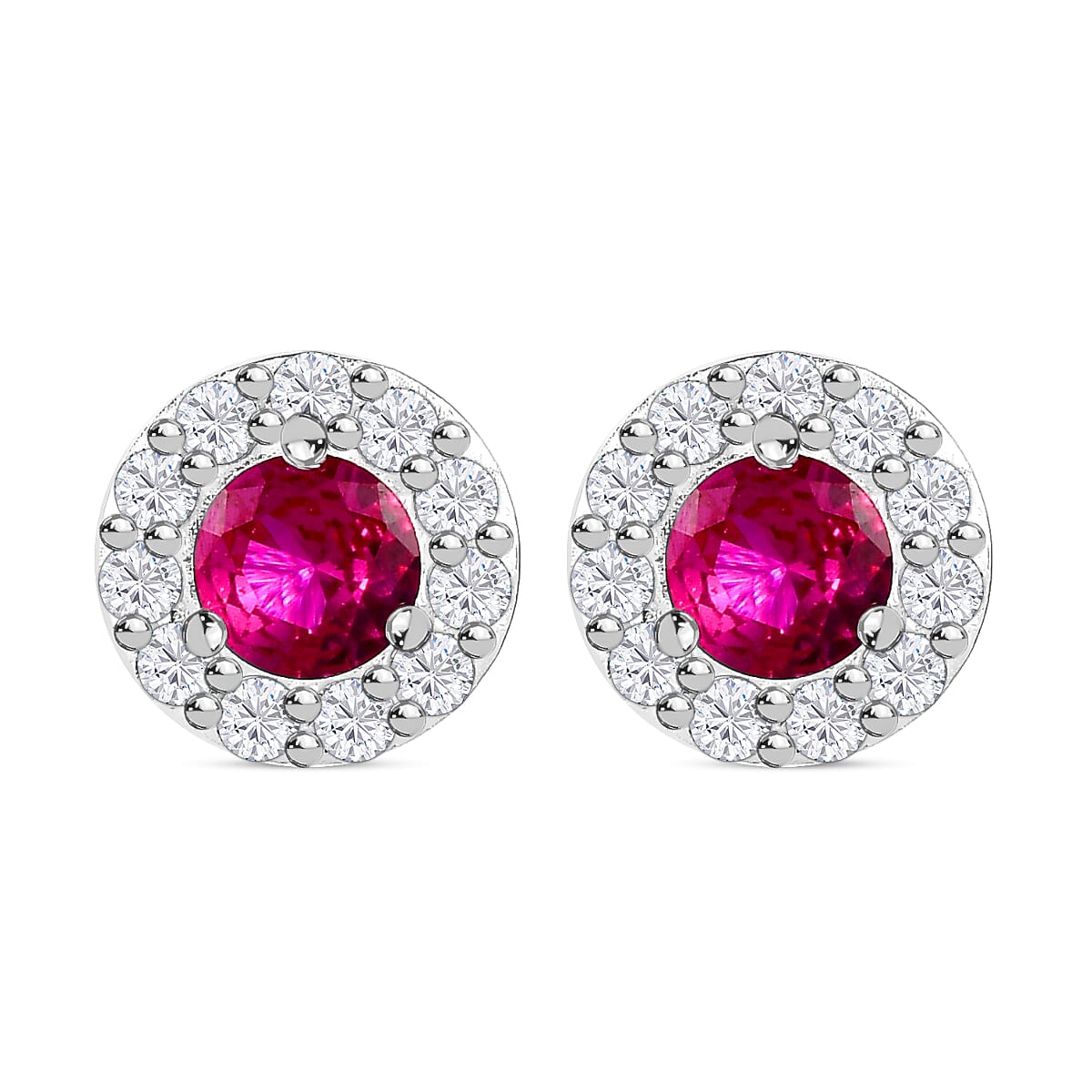 Fuchsia Cubic Zirconia & White Cubic Zirconia Stud Earrings in Sterling Silver, 1.31 Ct.