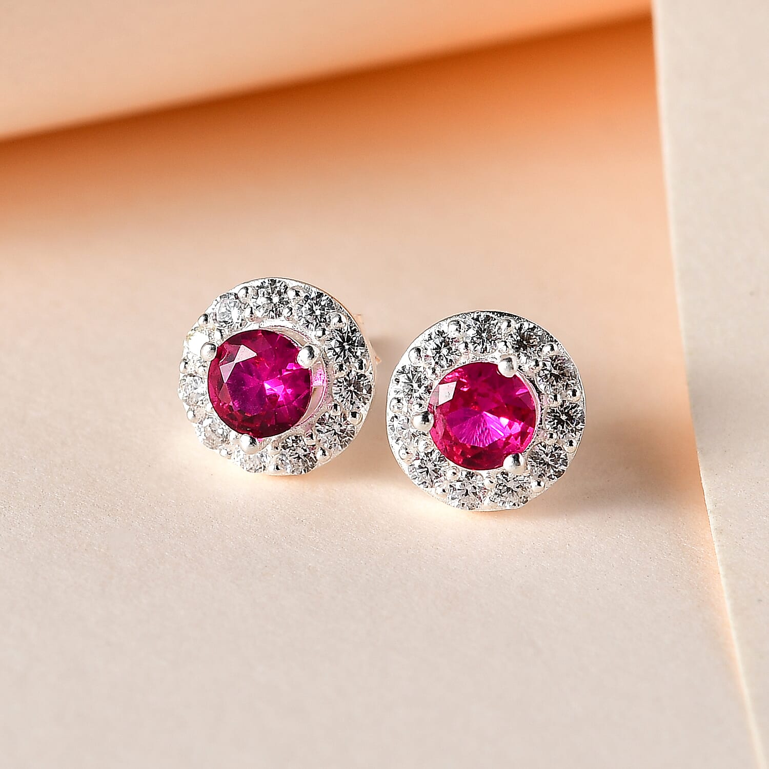 Fuchsia Cubic Zirconia & White Cubic Zirconia Stud Earrings in Sterling Silver, 1.31 Ct.