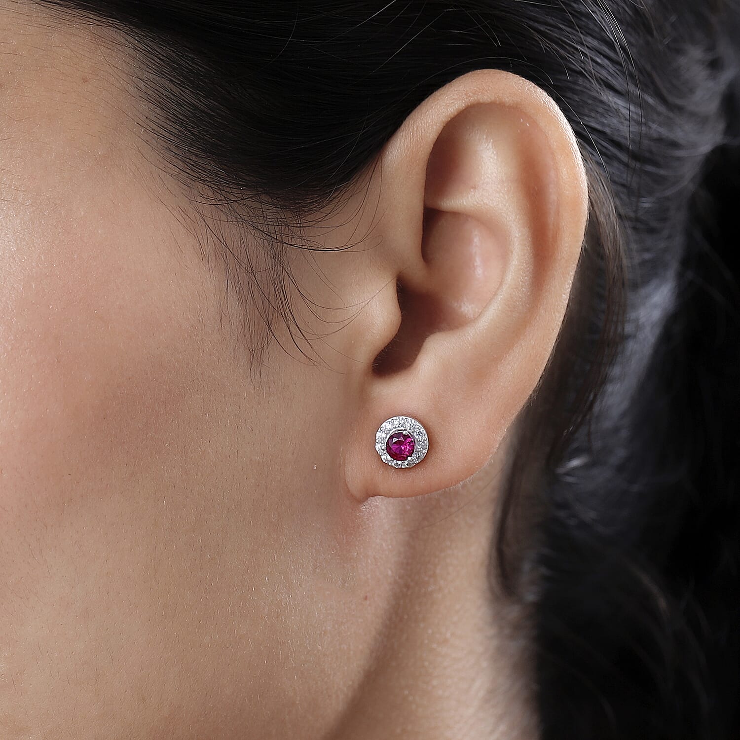 Fuchsia Cubic Zirconia & White Cubic Zirconia Stud Earrings in Sterling Silver, 1.31 Ct.
