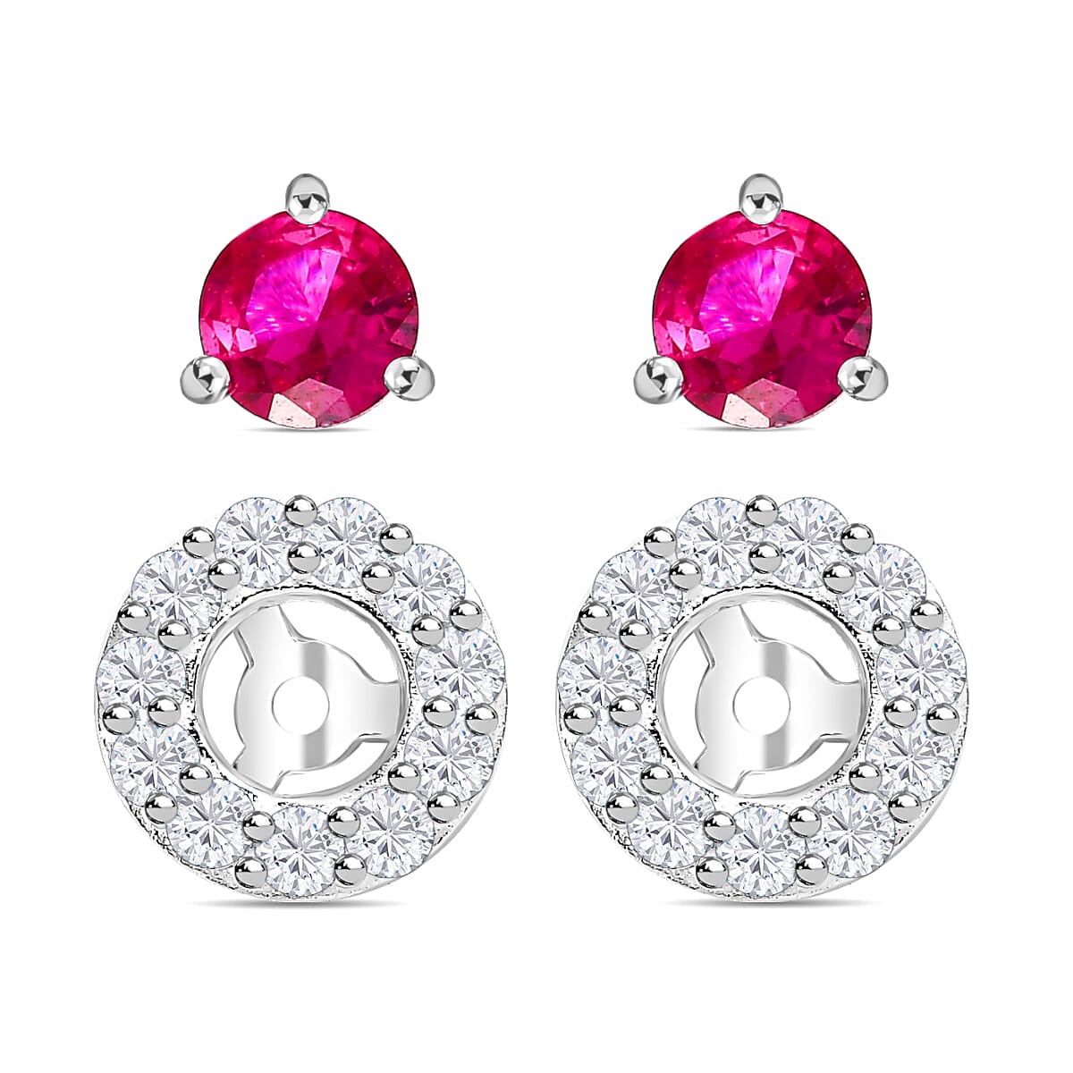 Fuchsia Cubic Zirconia & White Cubic Zirconia Stud Earrings in Sterling Silver, 1.31 Ct.