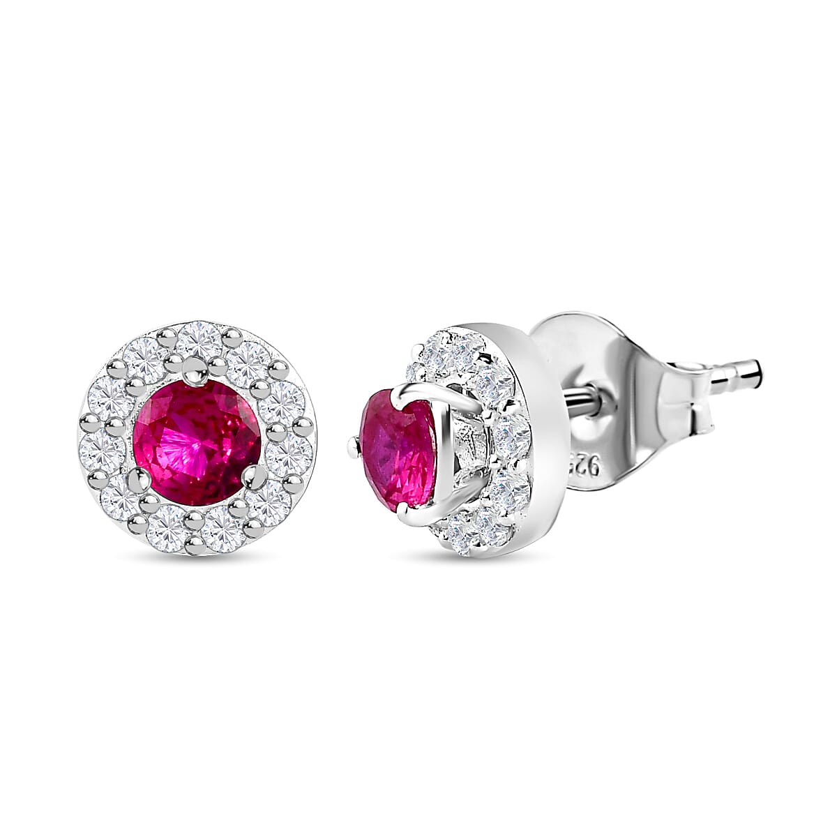 Fuchsia Cubic Zirconia & White Cubic Zirconia Stud Earrings in Sterling Silver, 1.31 Ct.