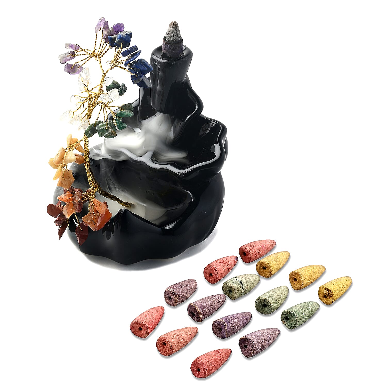 Backflow Waterfall Incense Burner with 7 Chakras Stone Tree & 15 Incense Colour - Black