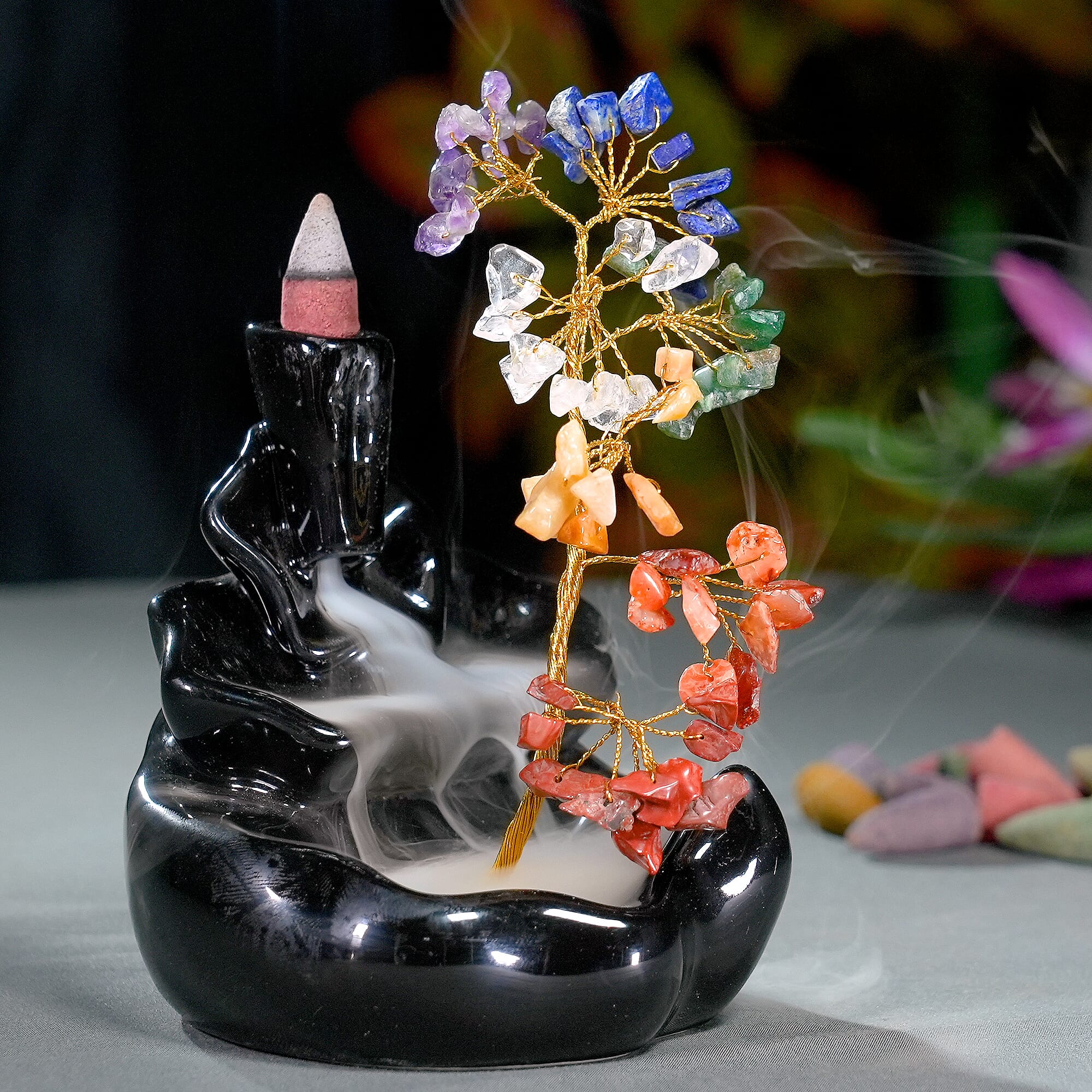 Backflow Waterfall Incense Burner with 7 Chakras Stone Tree & 15 Incense Colour - Black
