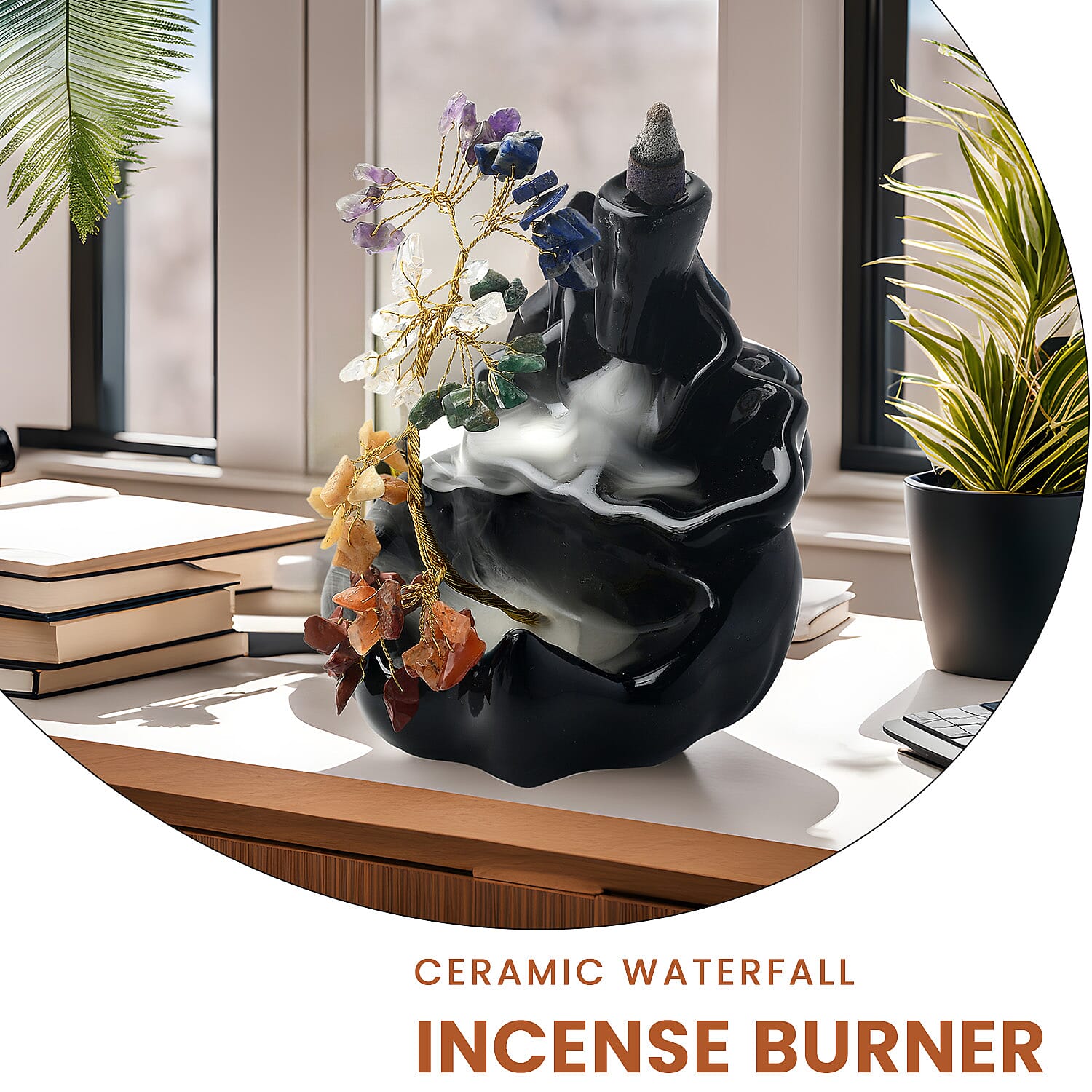 Backflow Waterfall Incense Burner with 7 Chakras Stone Tree & 15 Incense Colour - Black