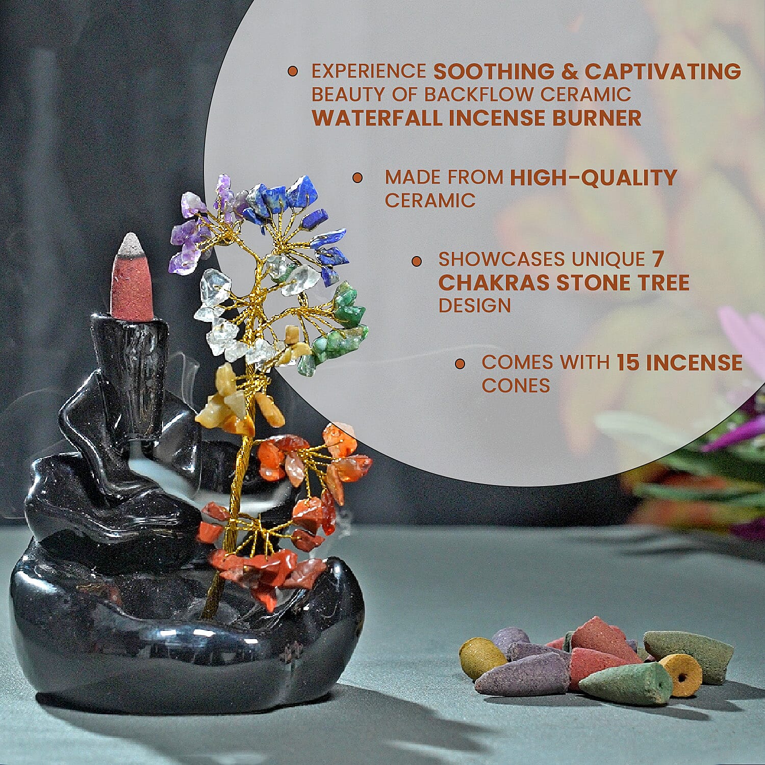 Backflow Waterfall Incense Burner with 7 Chakras Stone Tree & 15 Incense Colour - Black