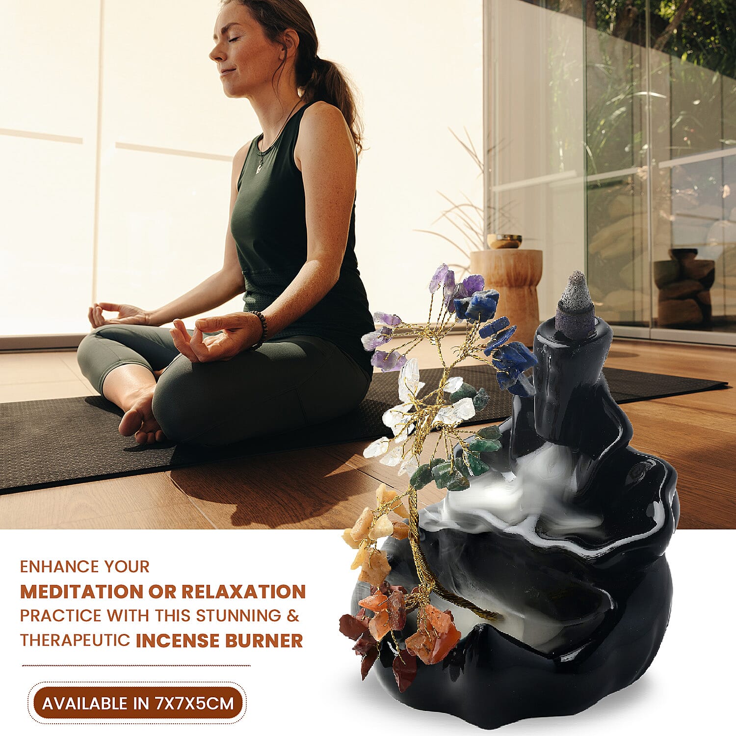 Backflow Waterfall Incense Burner with 7 Chakras Stone Tree & 15 Incense Colour - Black