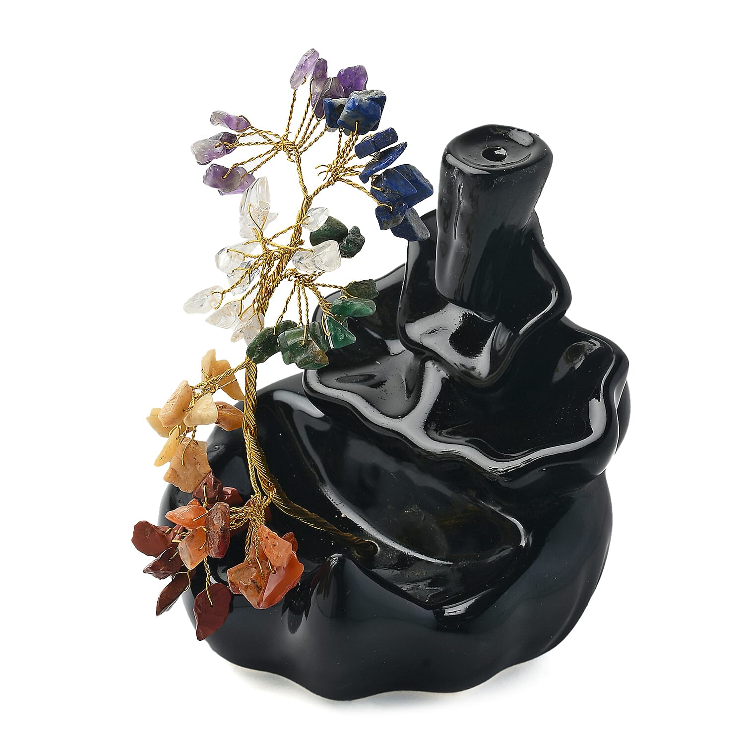 Backflow Waterfall Incense Burner with 7 Chakras Stone Tree & 15 Incense Colour - Black