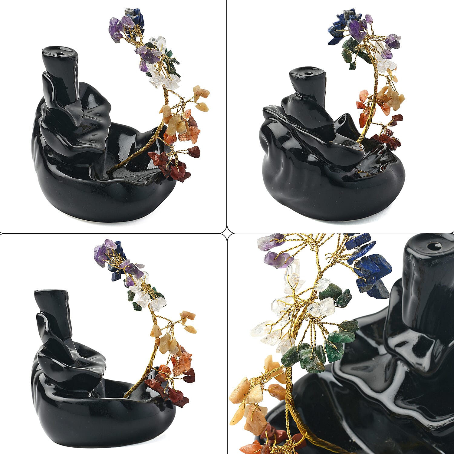 Backflow Waterfall Incense Burner with 7 Chakras Stone Tree & 15 Incense Colour - Black