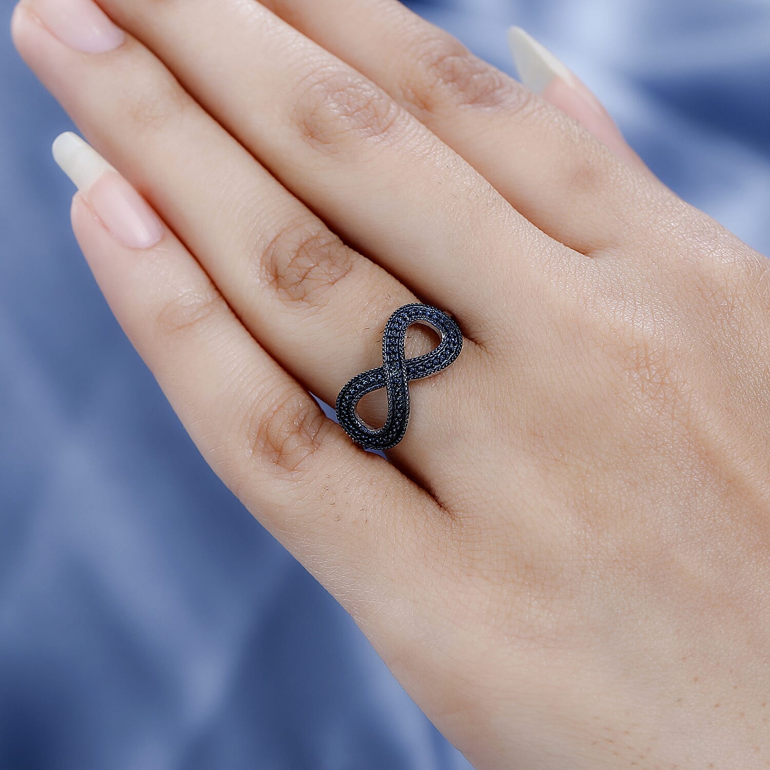 Blue Diamond Infinity Ring in Platinum Overlay Sterling Silver