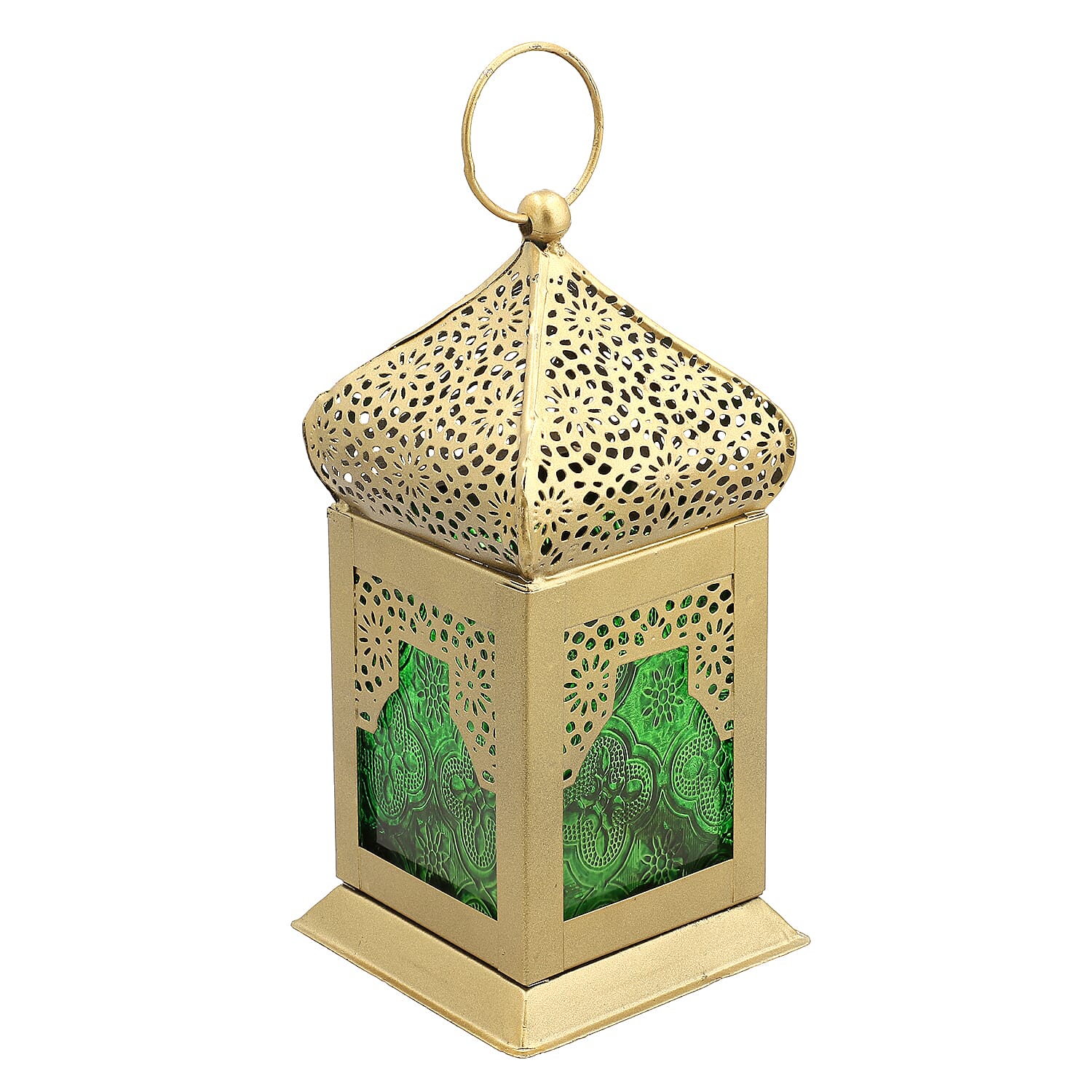 Iron & Glass Handmade Moroccan Style LED Lantern with Golden Finish ( AAA Battery) - Green