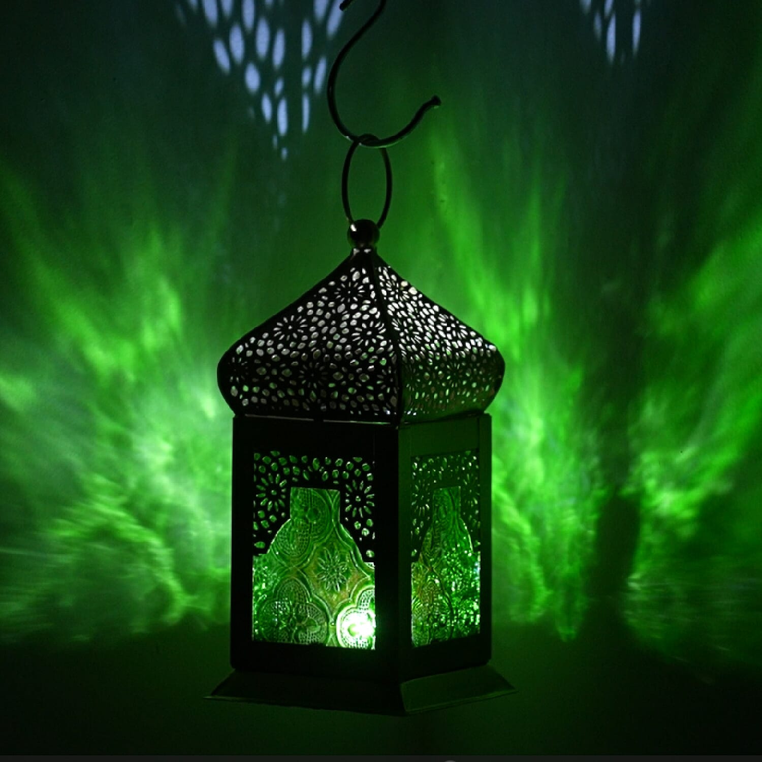 Iron & Glass Handmade Moroccan Style LED Lantern with Golden Finish ( AAA Battery) - Green