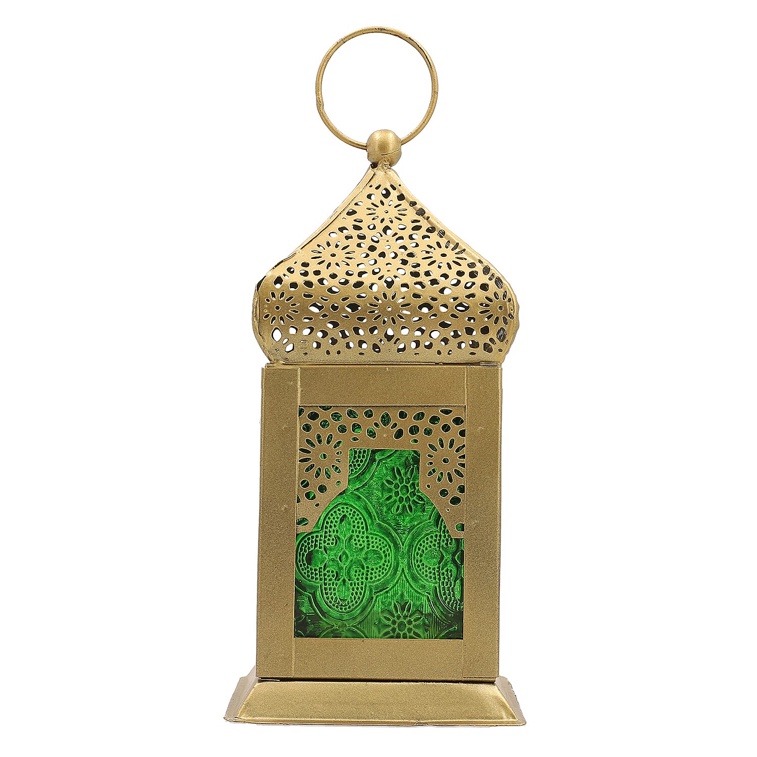 Iron & Glass Handmade Moroccan Style LED Lantern with Golden Finish ( AAA Battery) - Green