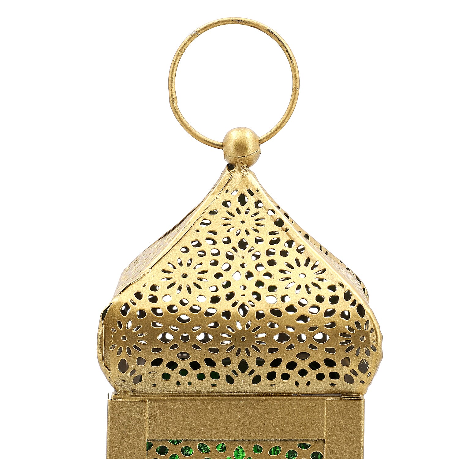 Iron & Glass Handmade Moroccan Style LED Lantern with Golden Finish ( AAA Battery) - Green