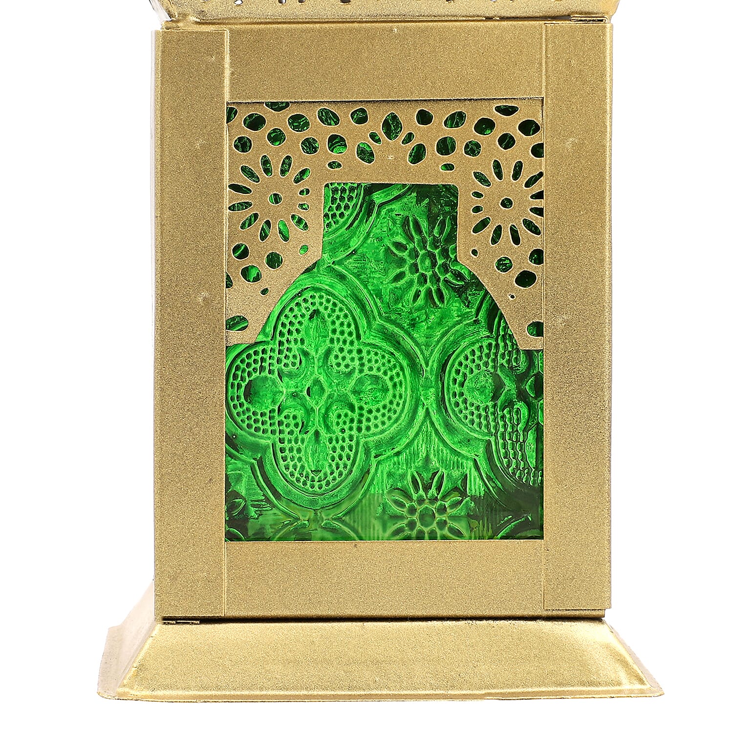 Iron & Glass Handmade Moroccan Style LED Lantern with Golden Finish ( AAA Battery) - Green