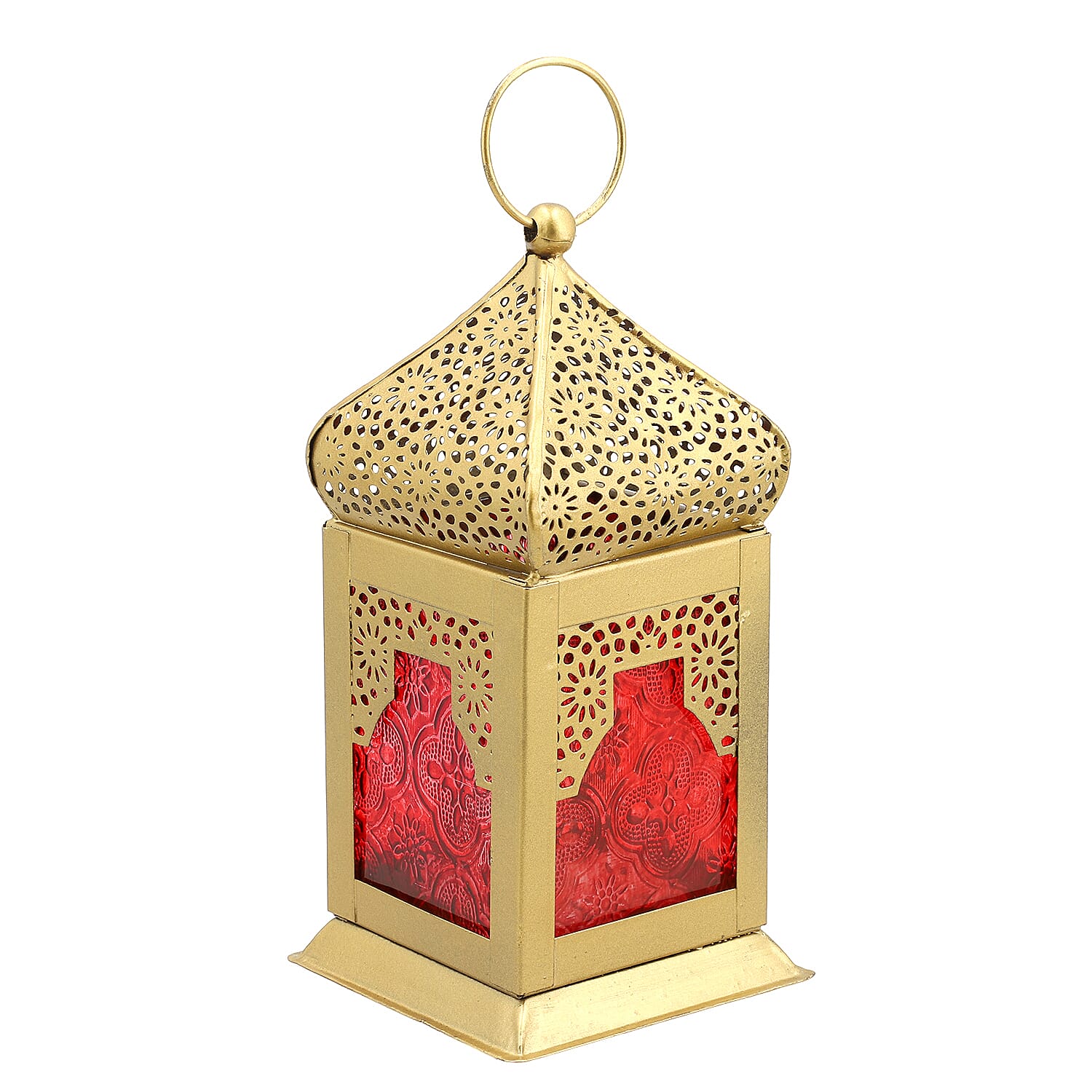 DOORBUSTER - Handmade Moroccan Style LED Lantern with Golden Finish (3xAAA Battery Required) - Red