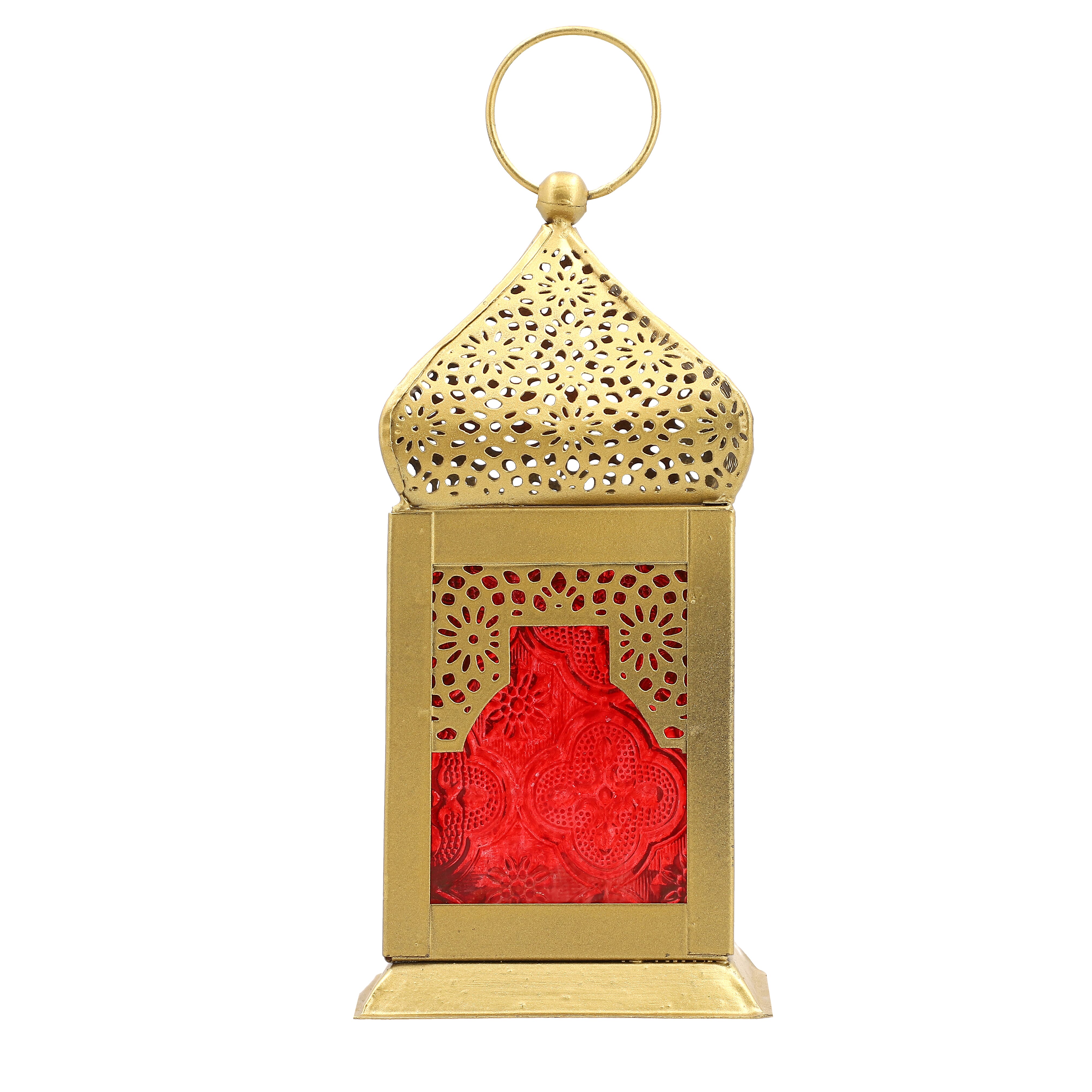 DOORBUSTER - Handmade Moroccan Style LED Lantern with Golden Finish (3xAAA Battery Required) - Red